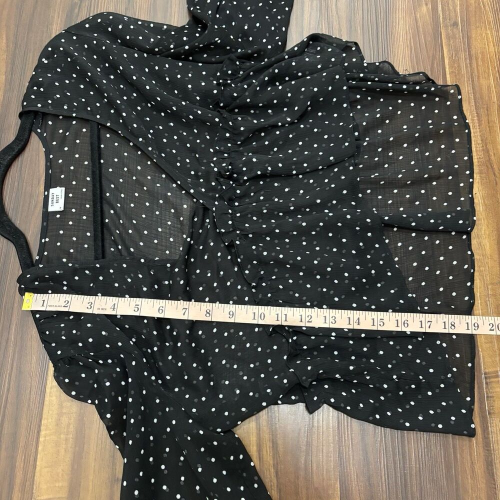 Aritzia Sunday Best Sz Medium Black White Polka Dot Sheer Faux Wrap Blouse - Picture 7 of 8